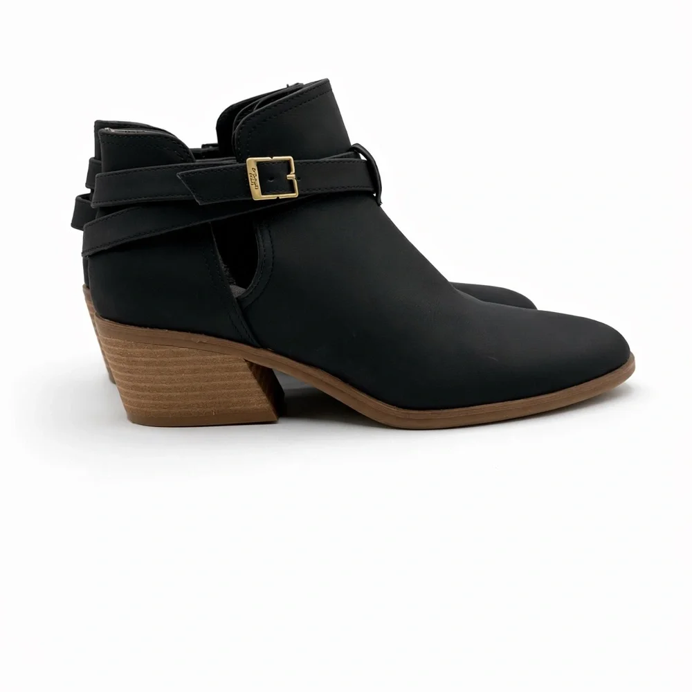 Dr. Scholl’s Literally Black Cutout Ankle Boots w/ Gold Buckle & Stacked Heel - Picture 2 of 16